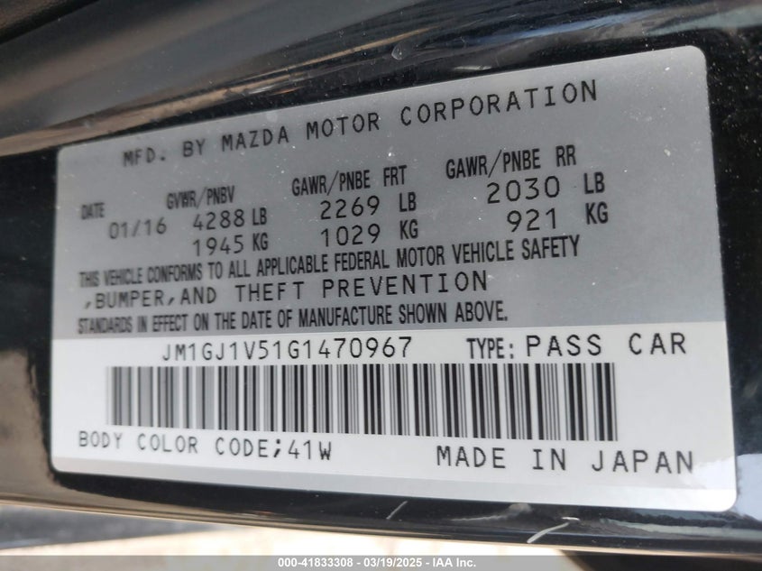 2016 MAZDA MAZDA6 I TOURING - JM1GJ1V51G1470967