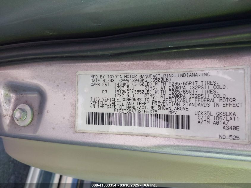 2003 Toyota Sequoia Limited V8 VIN: 5TDZT38A73S165378 Lot: 41833354