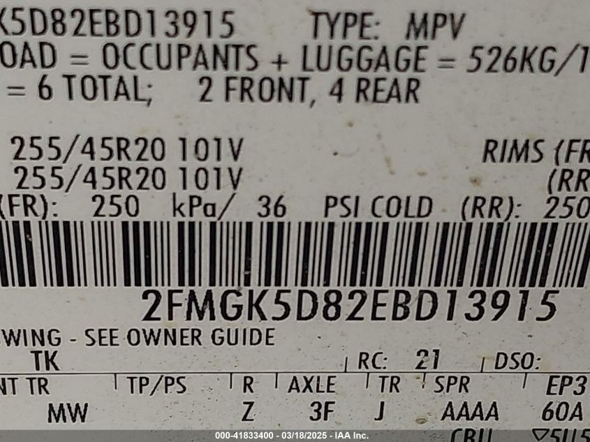 2014 Ford Flex Limited VIN: 2FMGK5D82EBD13915 Lot: 41833400