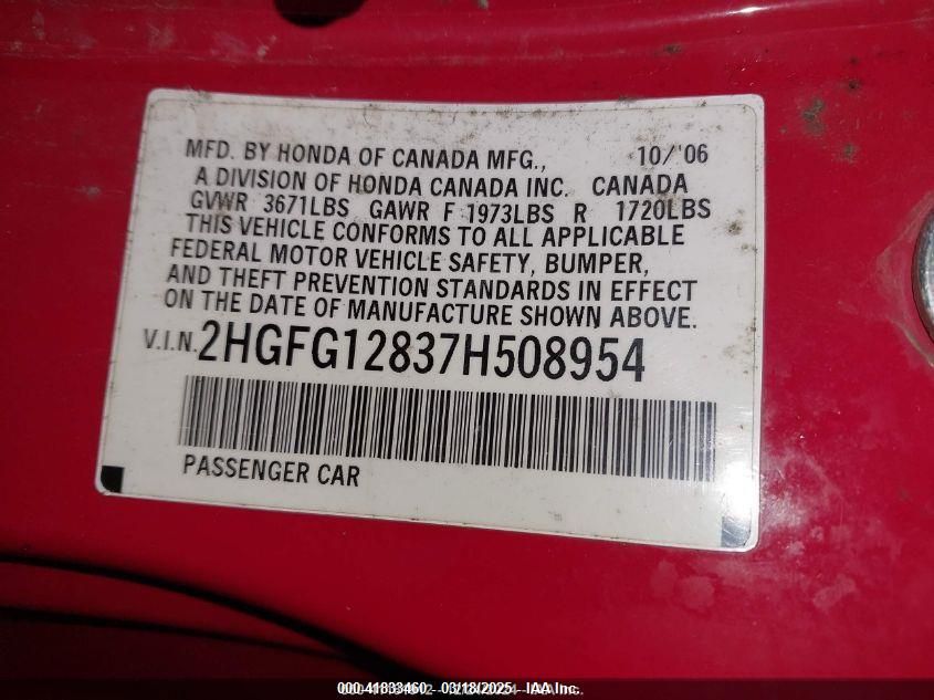 2007 Honda Civic Ex VIN: 2HGFG12837H508954 Lot: 41833460
