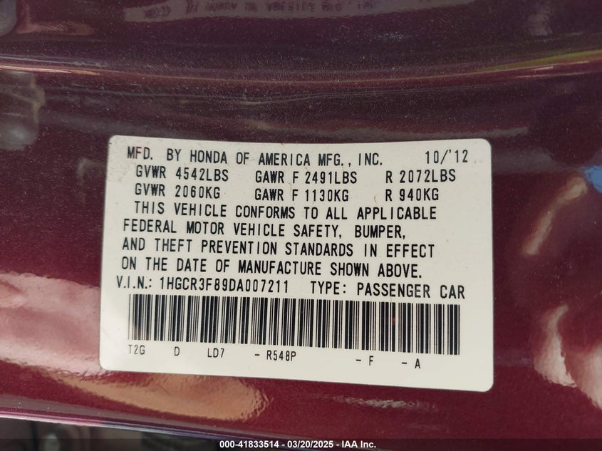 2013 HONDA ACCORD VIN: 1HGCR3F89DA007211