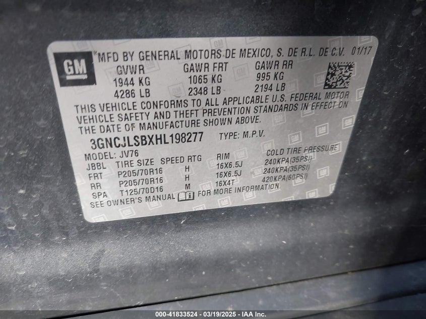 2017 CHEVROLET TRAX LT - 3GNCJLSBXHL198277