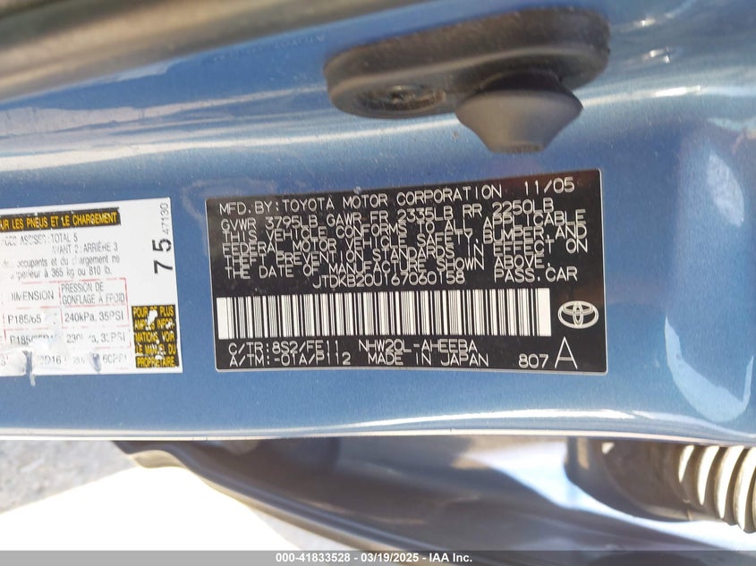 2006 TOYOTA PRIUS VIN: JTDKB20U167060158