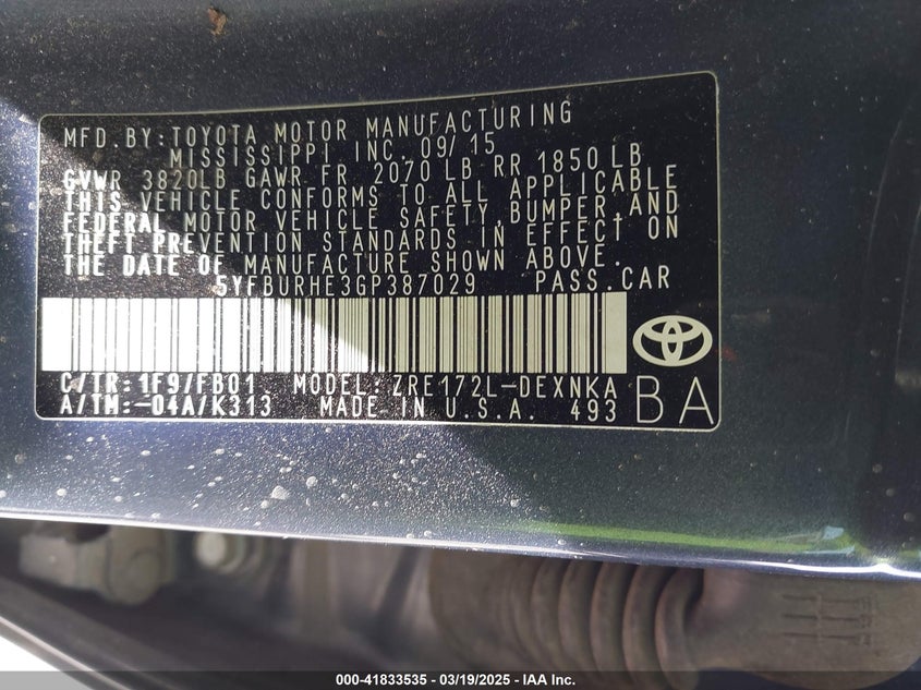 2016 TOYOTA COROLLA VIN: 5YFBURHE3GP387029