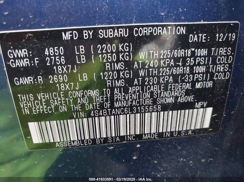 2020 SUBARU OUTBACK LIMITED - 4S4BTANC6L3155658