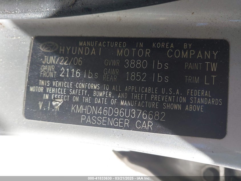 2006 HYUNDAI ELANTRA VIN: KMHDN46D96U376682