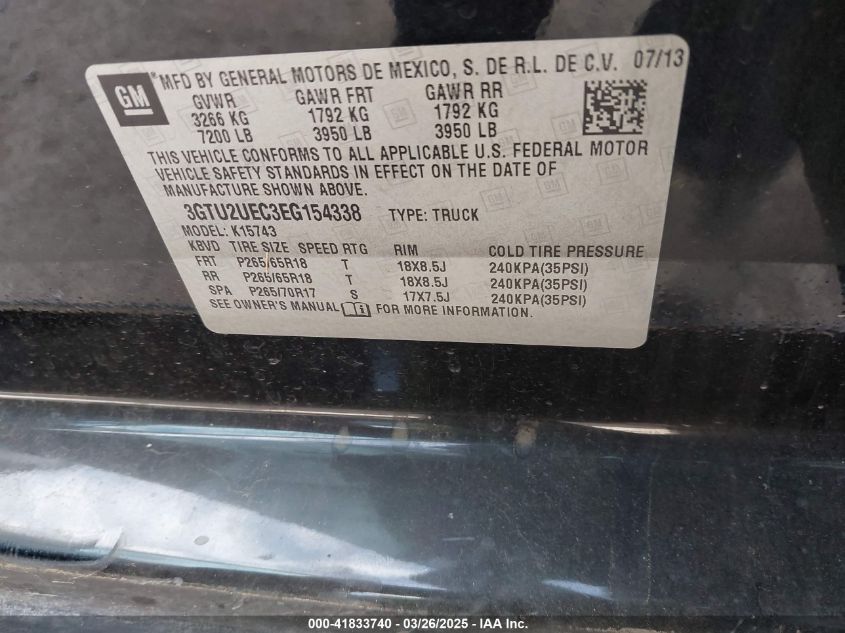 2014 GMC Sierra 1500 Sle VIN: 3GTU2UEC3EG154338 Lot: 41833740