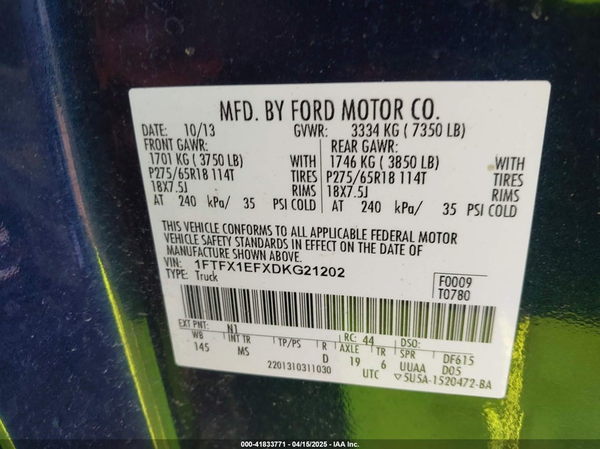 2013 FORD F-150 VIN: 1FTFX1EFXDKG21202