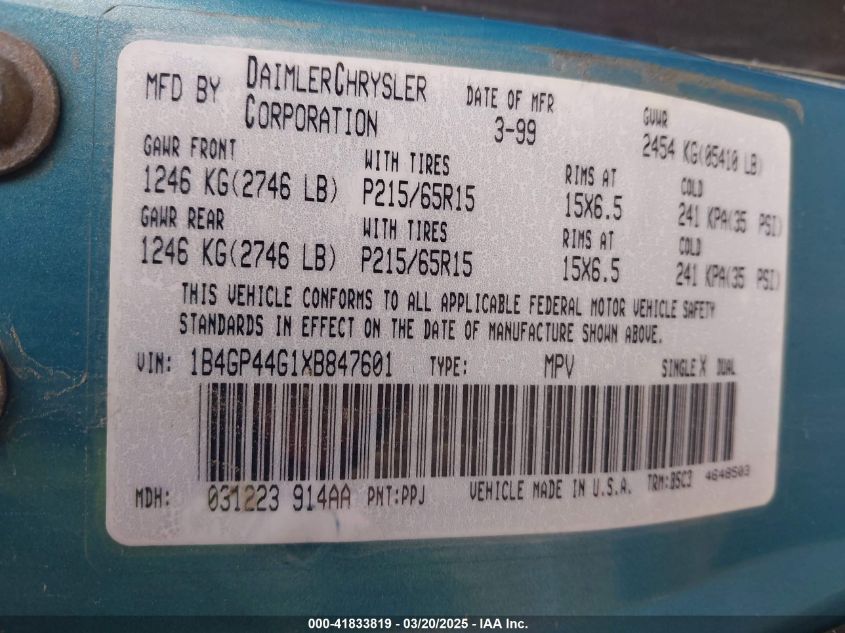 1999 Dodge Grand Caravan Se VIN: 1B4GP44G1XB847601 Lot: 41833819