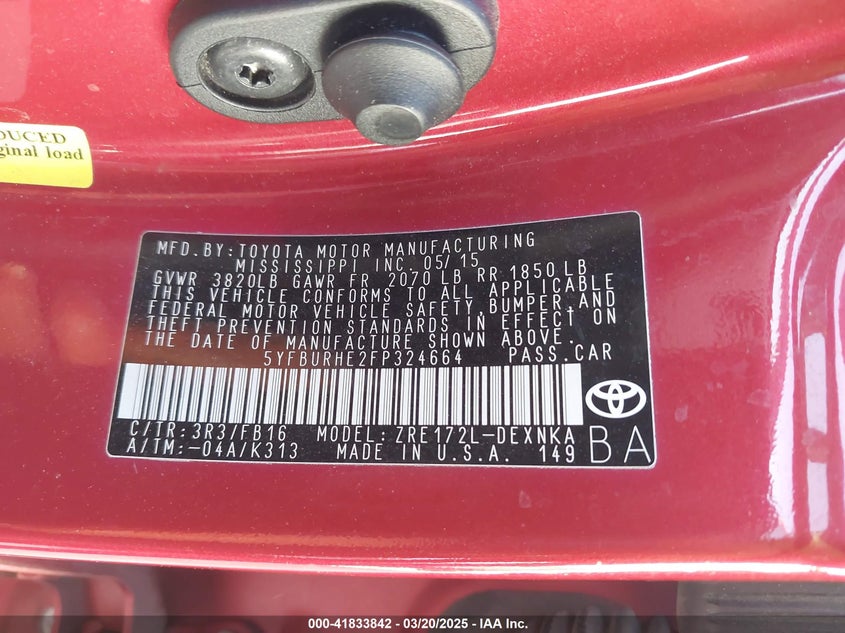 2015 TOYOTA COROLLA VIN: 5YFBURHE2FP324664