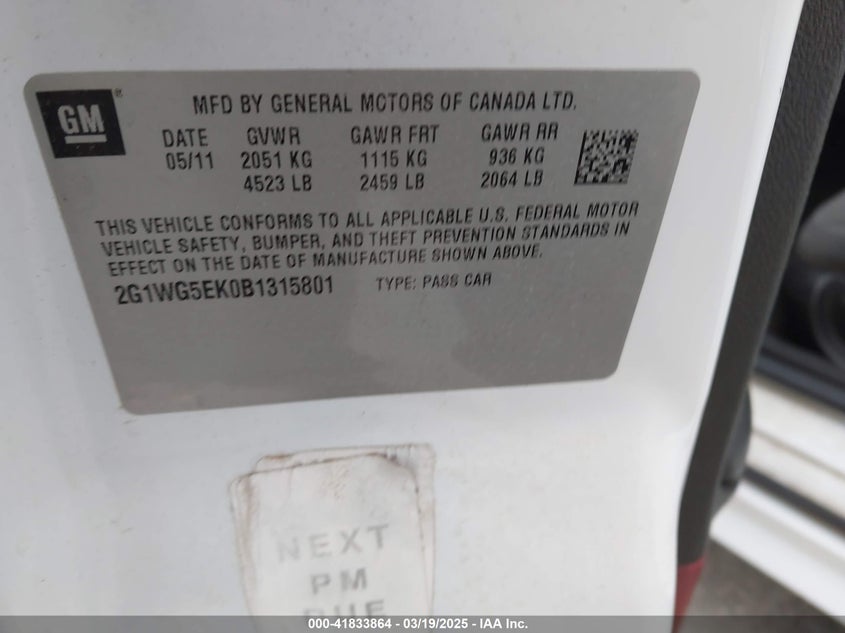 2011 CHEVROLET IMPALA VIN: 2G1WG5EK0B1315801