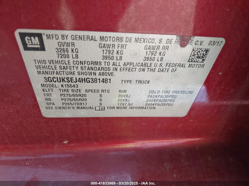 2017 CHEVROLET SILVERADO 1500 VIN: 3GCUKSEJ4HG381481