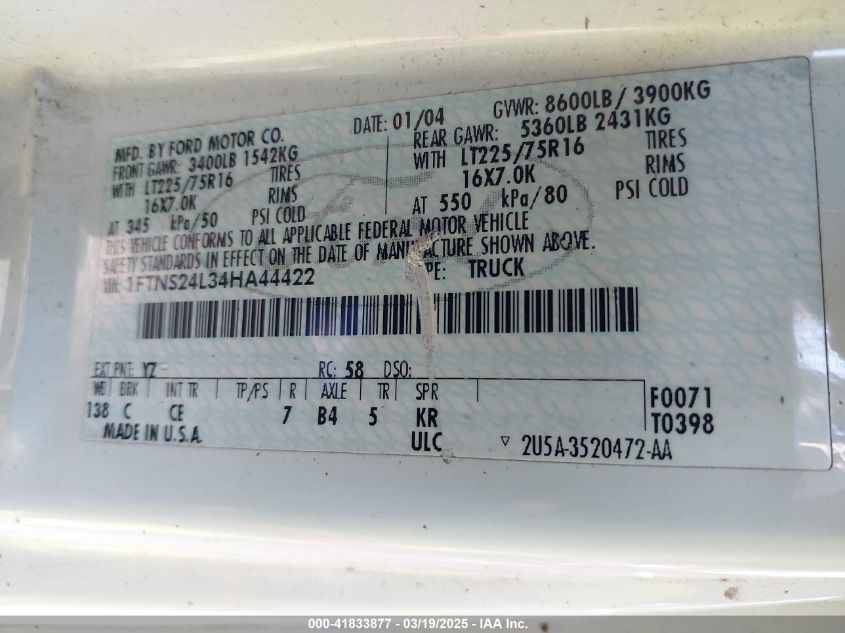 2004 Ford E-250 Commercial/Recreational VIN: 1FTNS24L34HA44422 Lot: 41833877