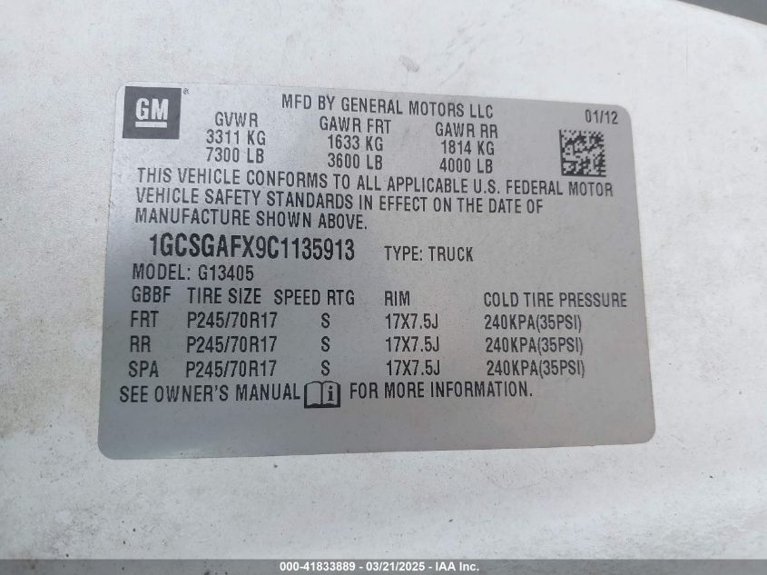 2012 Chevrolet Express 1500 Work Van VIN: 1GCSGAFX9C1135913 Lot: 41833889