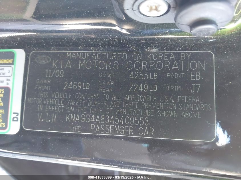 2010 Kia Optima Lx VIN: KNAGG4A83A5409553 Lot: 41833899