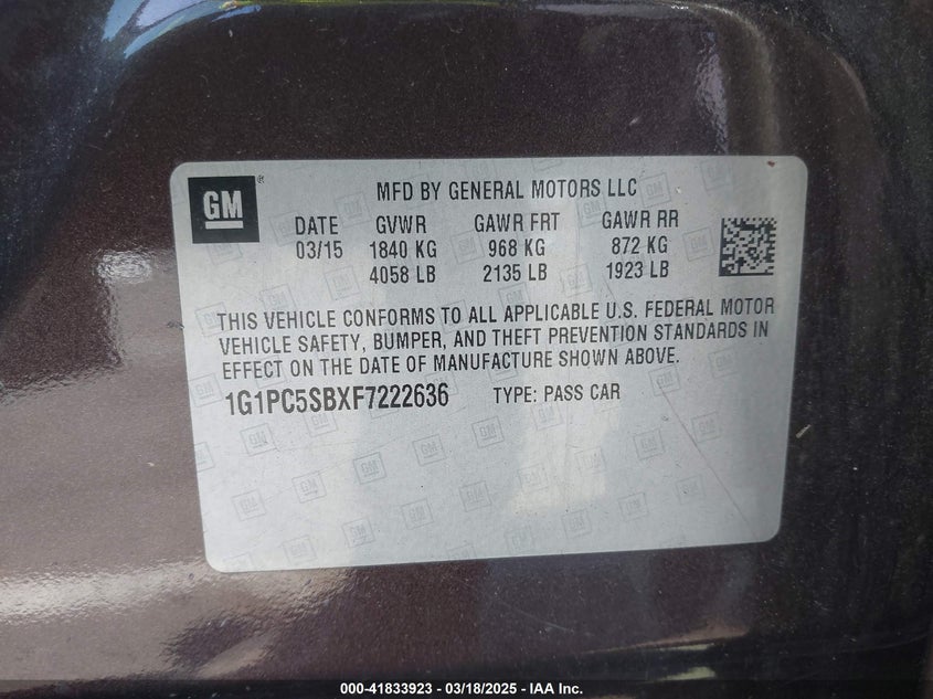 2015 CHEVROLET CRUZE VIN: 1G1PC5SBXF7222636