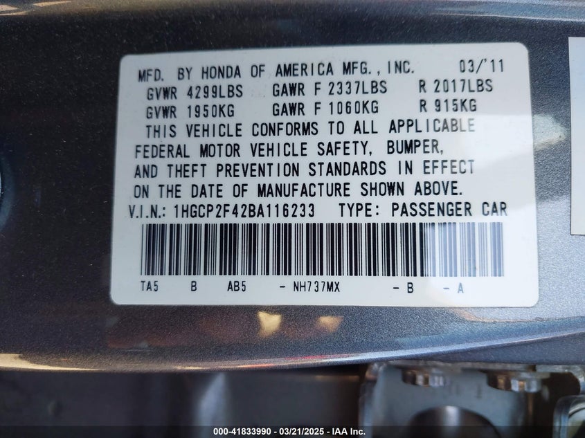 2011 HONDA ACCORD VIN: 1HGCP2F42BA116233