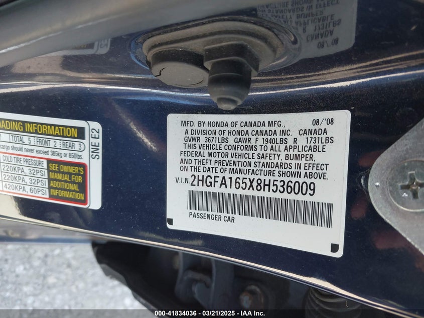 2008 HONDA CIVIC VIN: 2HGFA165X8H536009