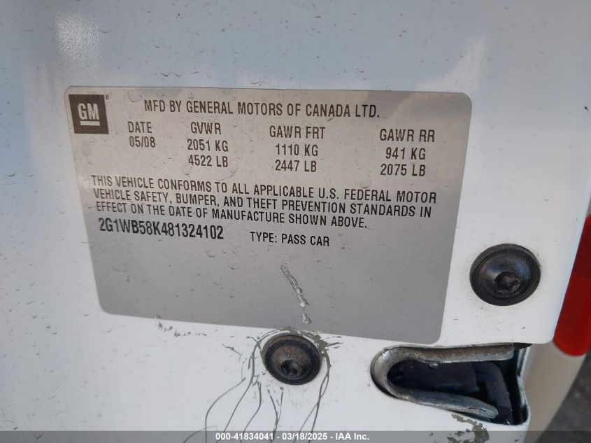 2008 Chevrolet Impala Ls VIN: 2G1WB58K481324102 Lot: 41834041