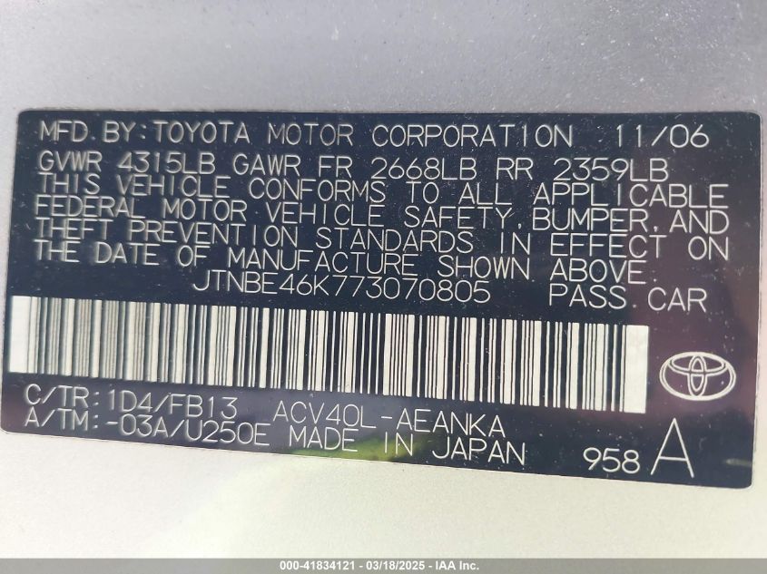 2007 Toyota Camry Ce VIN: JTNBE46K773070805 Lot: 41834121