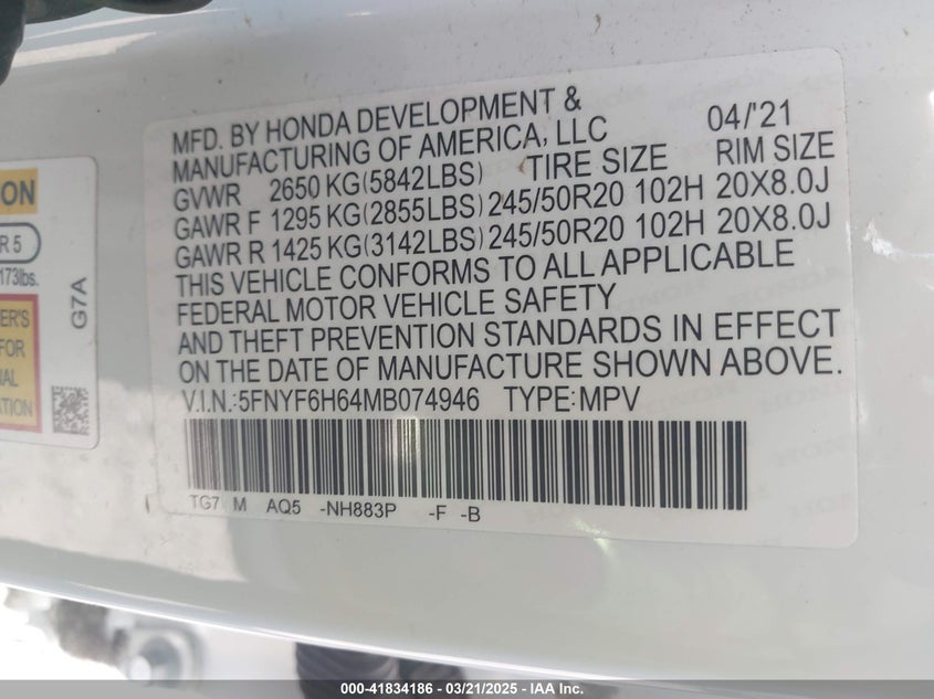 2021 HONDA PILOT 3.5L V-6 DI, VVT, 28(VIN: 5FNYF6H64MB074946
