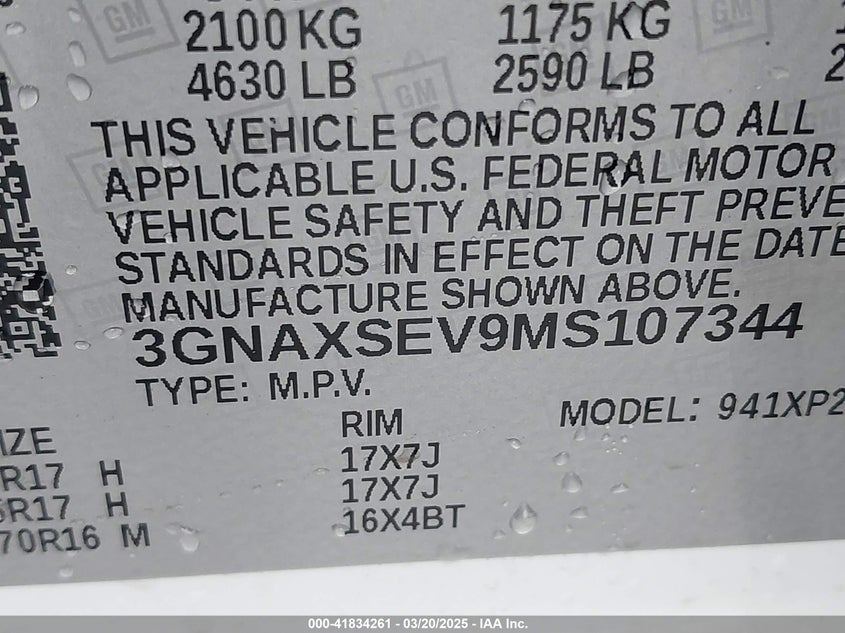 2021 CHEVROLET EQUINOX VIN: 3GNAXSEV9MS107344
