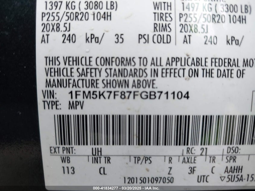 2015 FORD EXPLORER LIMITED - 1FM5K7F87FGB71104