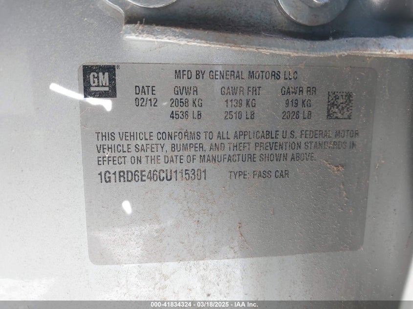 2012 CHEVROLET VOLT VIN: 1G1RD6E46CU115301