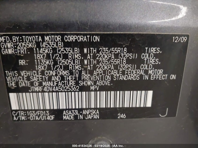 2010 TOYOTA RAV4 VIN: JTMRF4DV4A5025362