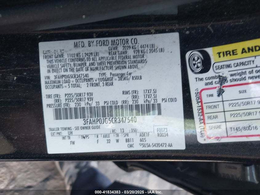 2012 FORD FUSION VIN: 3FAHP0JG5CR347540