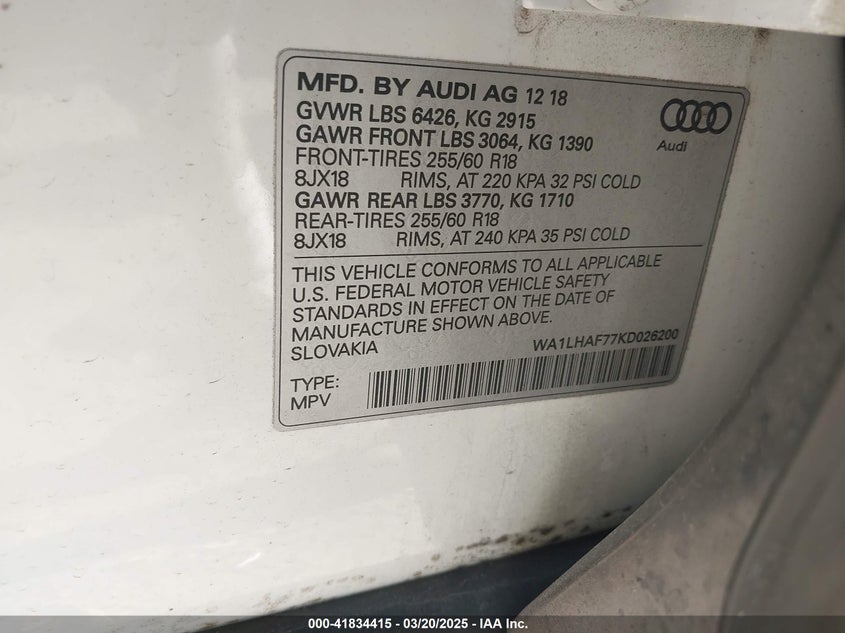 Image 9 of 2019 Audi Q7  salvage vehicle - Lot #41834415 at IAAI
