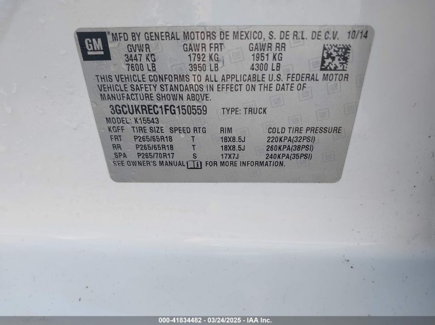 2015 Chevrolet Silverado 1500 1Lt VIN: 3GCUKREC1FG150559 Lot: 41834482