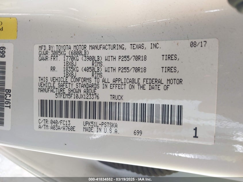 2018 TOYOTA TUNDRA SR5 4.6L V8 - 5TFEM5F10JX123376