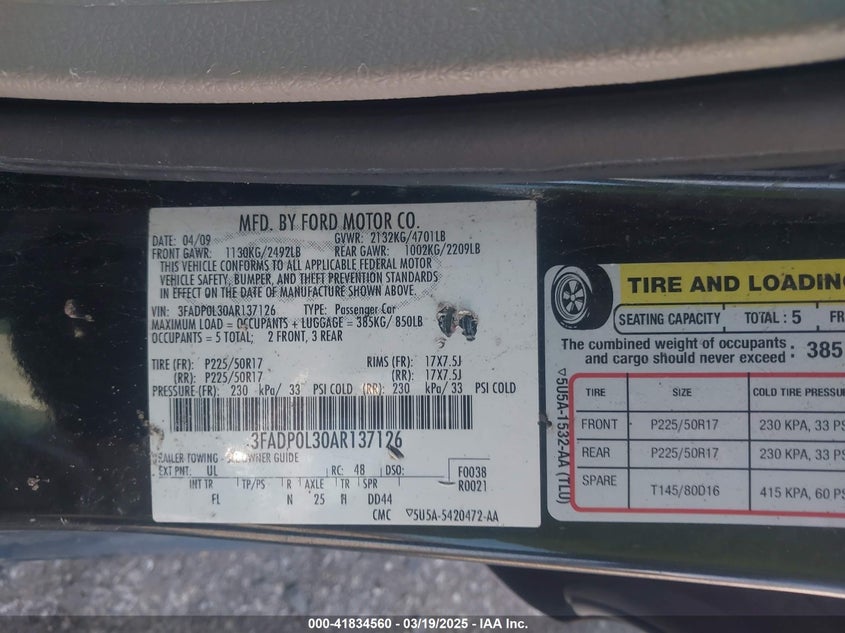 2010 FORD FUSION HYBRID VIN: 3FADP0L30AR137126