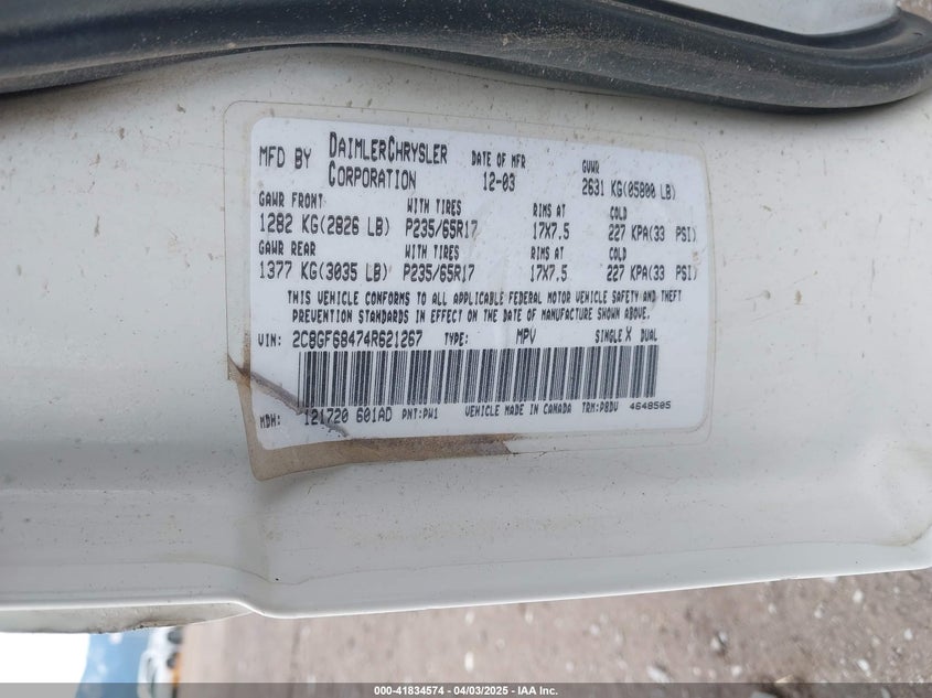 2004 Chrysler Pacifica VIN: 2C8GF68474R621267 Lot: 41834574