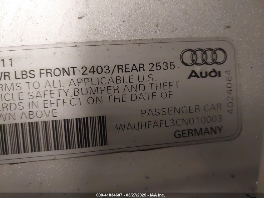2012 AUDI A4 VIN: WAUHFAFL3CN010003