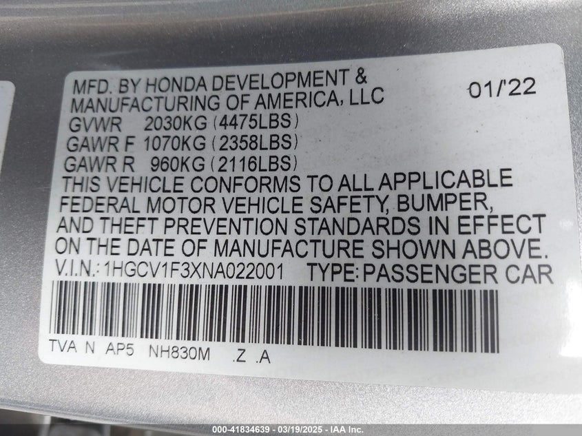 2022 HONDA ACCORD VIN: 1HGCV1F3XNA022001