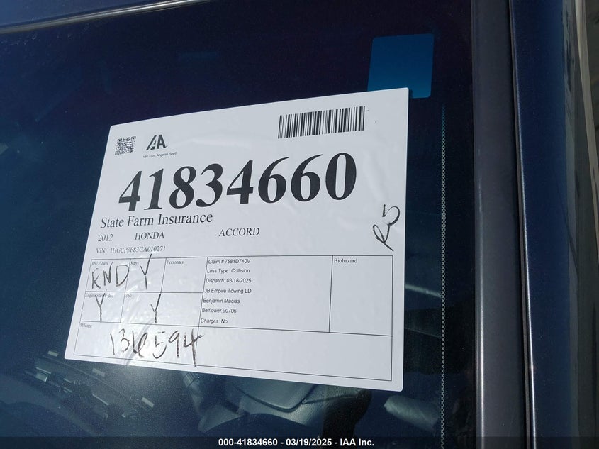 2012 HONDA ACCORD VIN: 1HGCP3F83CA010271