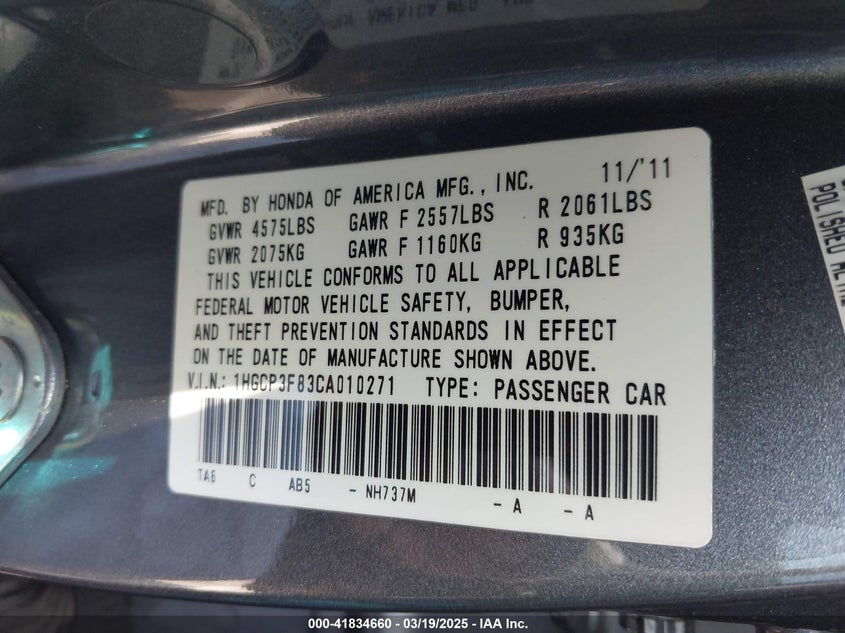 2012 HONDA ACCORD VIN: 1HGCP3F83CA010271