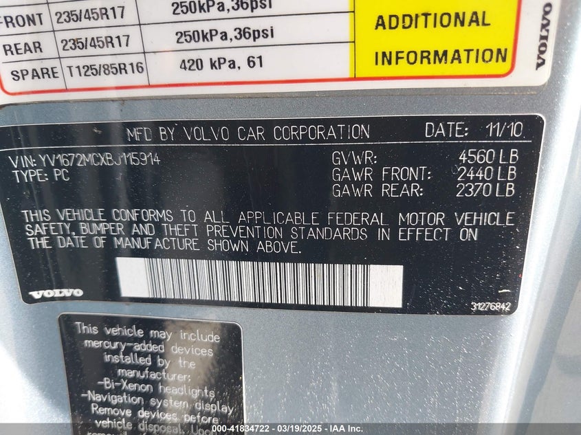 2011 VOLVO C70 VIN: YV1672MCXBJ115914