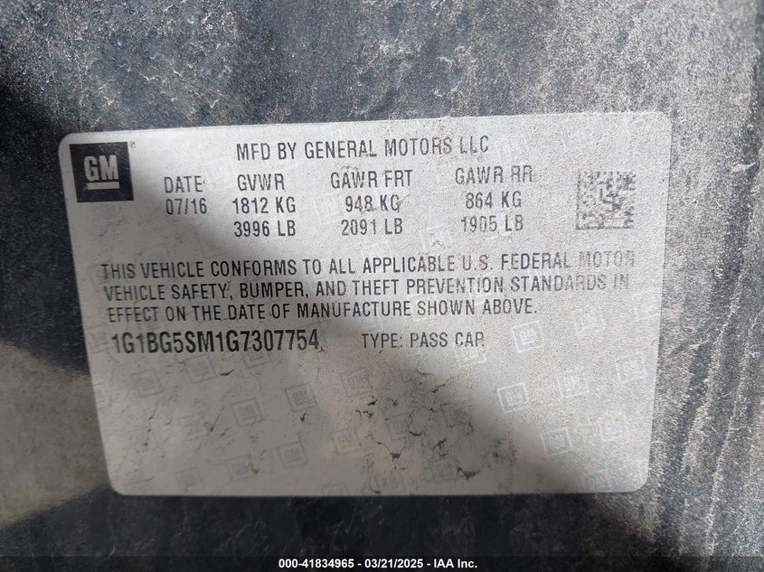 2016 CHEVROLET CRUZE VIN: 1G1BG5SM1G7307754