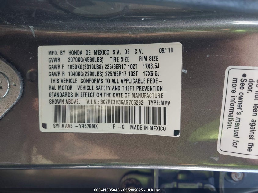 2010 HONDA CR-V VIN: 3CZRE3H36AG706292