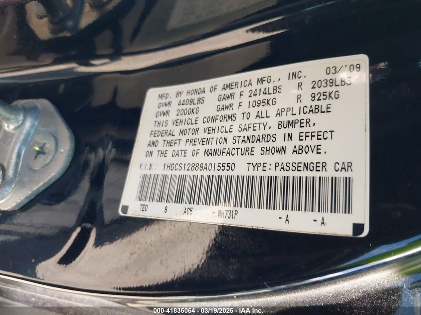 2009 HONDA ACCORD VIN: 1HGCS12889A015550