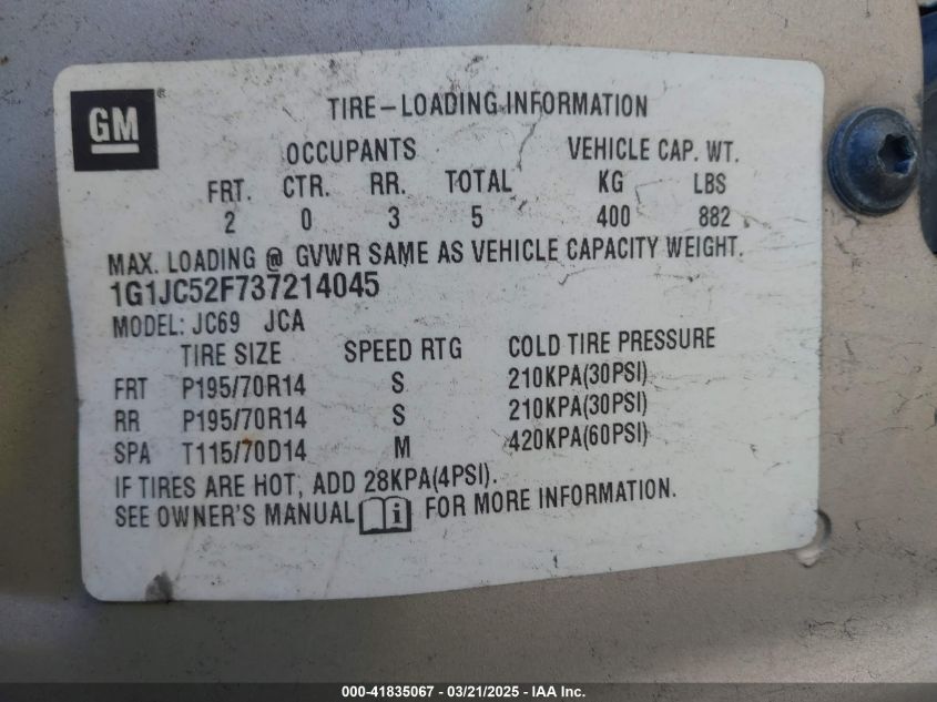 2003 Chevrolet Cavalier VIN: 1G1JC52F737214045 Lot: 41835067