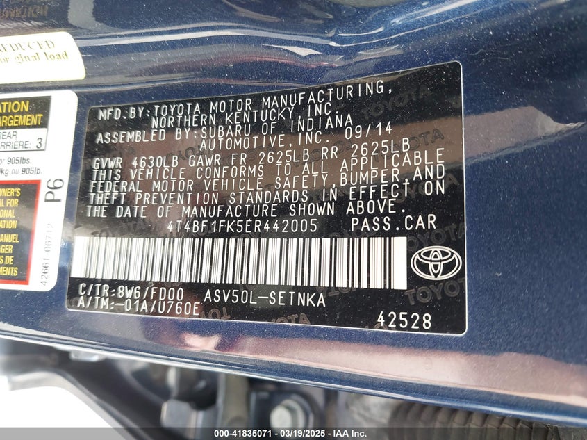 2014 TOYOTA CAMRY VIN: 4T4BF1FK5ER442005