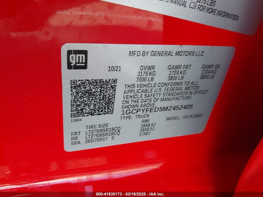 2021 CHEVROLET SILVERADO 1500 VIN: 1GCPYFED5MZ452405
