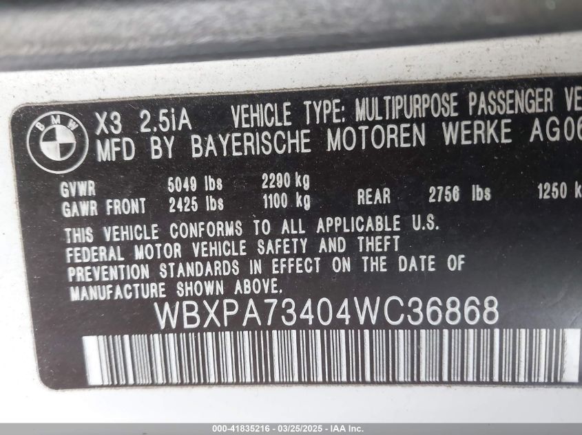 2004 BMW X3 2.5I VIN: WBXPA73404WC36868 Lot: 41835216