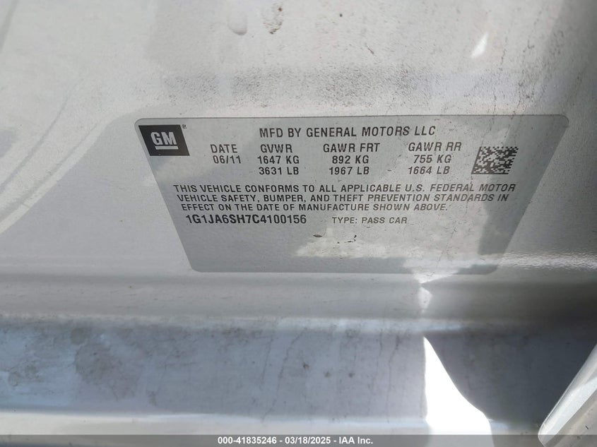 2012 CHEVROLET SONIC VIN: 1G1JA6SH7C4100156