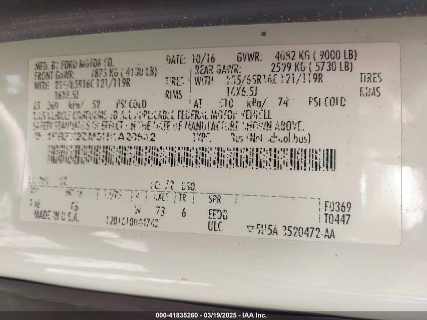 2017 FORD TRANSIT XLT - 1FBZX2ZM5HKA20642