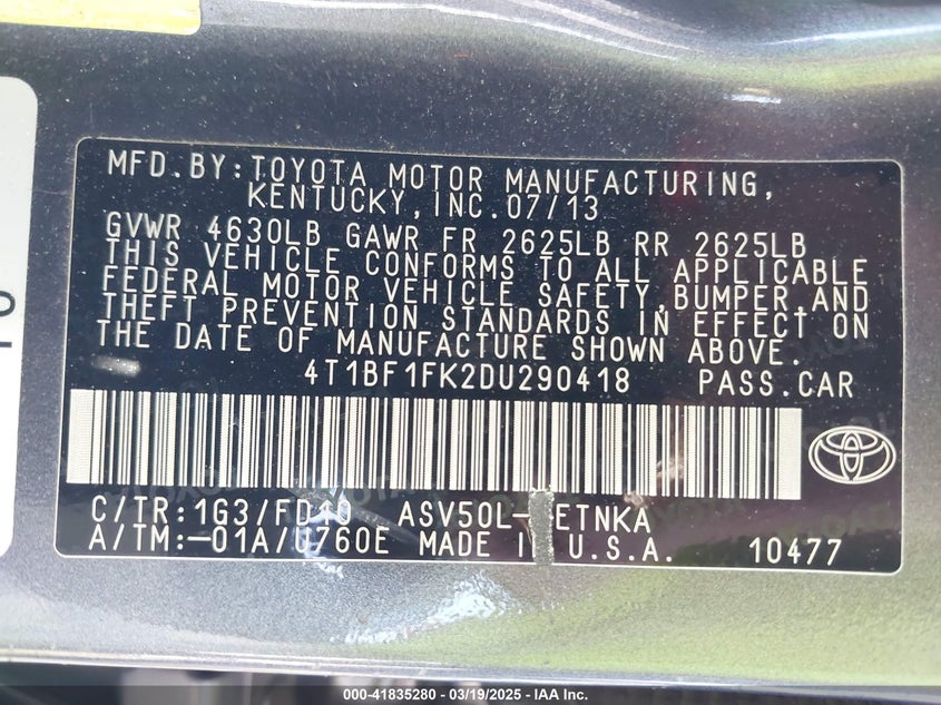 2013 TOYOTA CAMRY VIN: 4T1BF1FK2DU290418